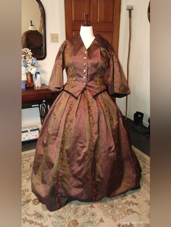 Other - Brown Two Tone Taffeta Victorian Walking Dress Red Floral Embroidery Reenactor